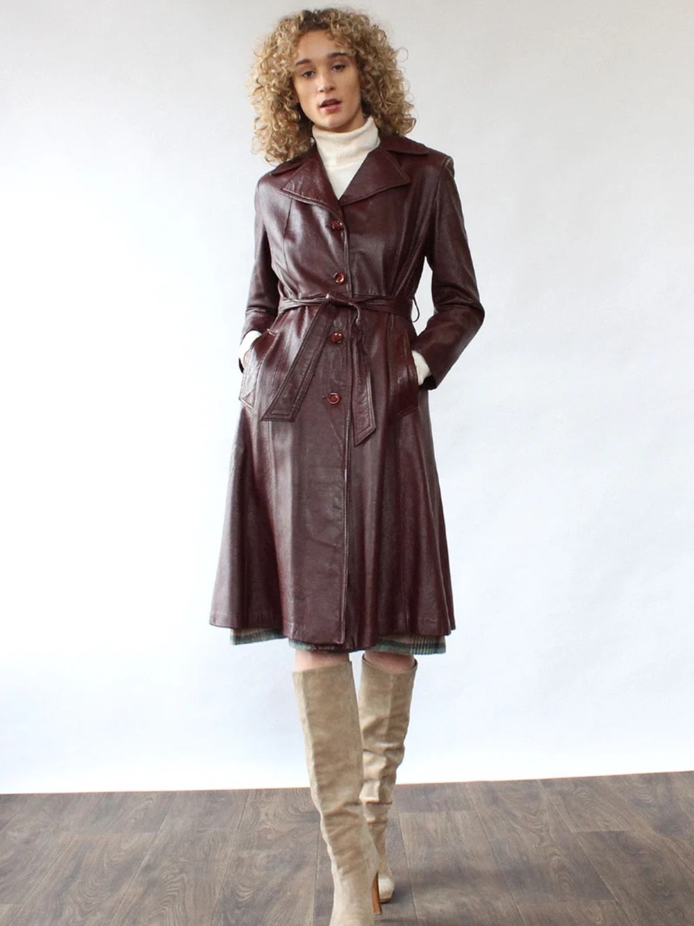 💯Leather Vintage 70s Trench Coat with Self-Tie Belt